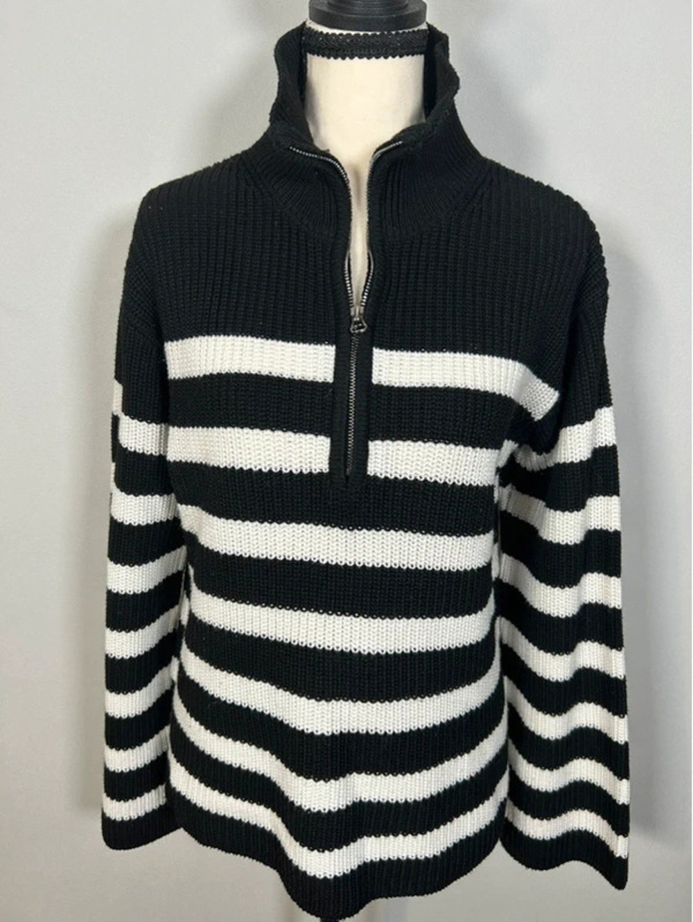Cyrus Black & White Striped Half Zip Sweater XS Knit Pullover